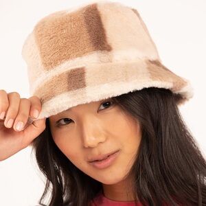 Plaid Faux Fur Womens Bucket Hat
